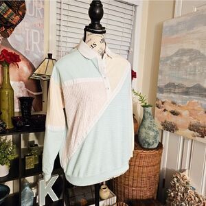 Vintage Blast Pastal Color Block Corduroy Long Sleeve Textured Sweater.